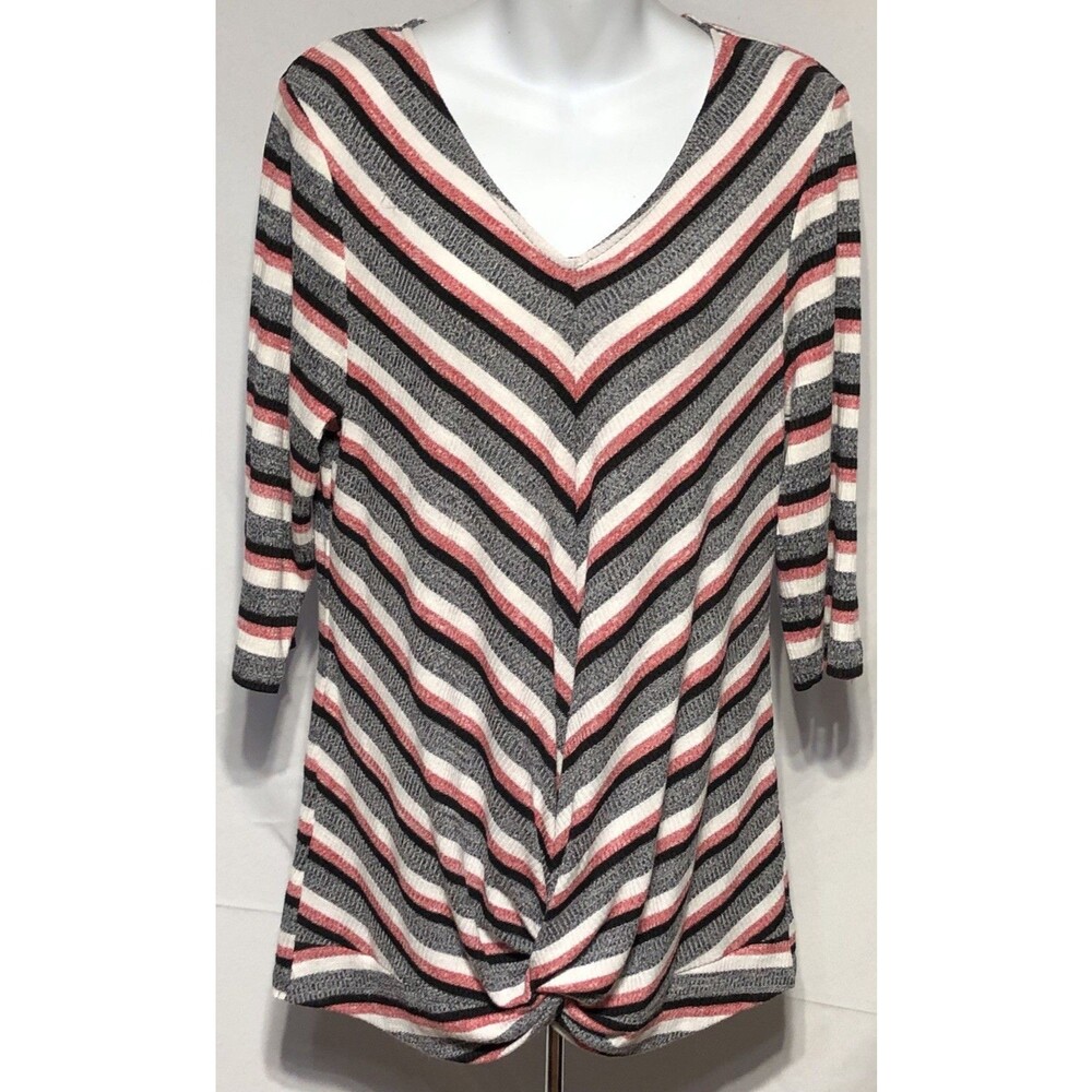 Christopher Banks Tunic Sweater L Red Blk Stripe V-neck 3/4 Sleeve Boho Hippie